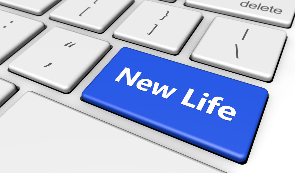 New lifestyle concept with new life word and sign printed on a blue computer button 3d render image.